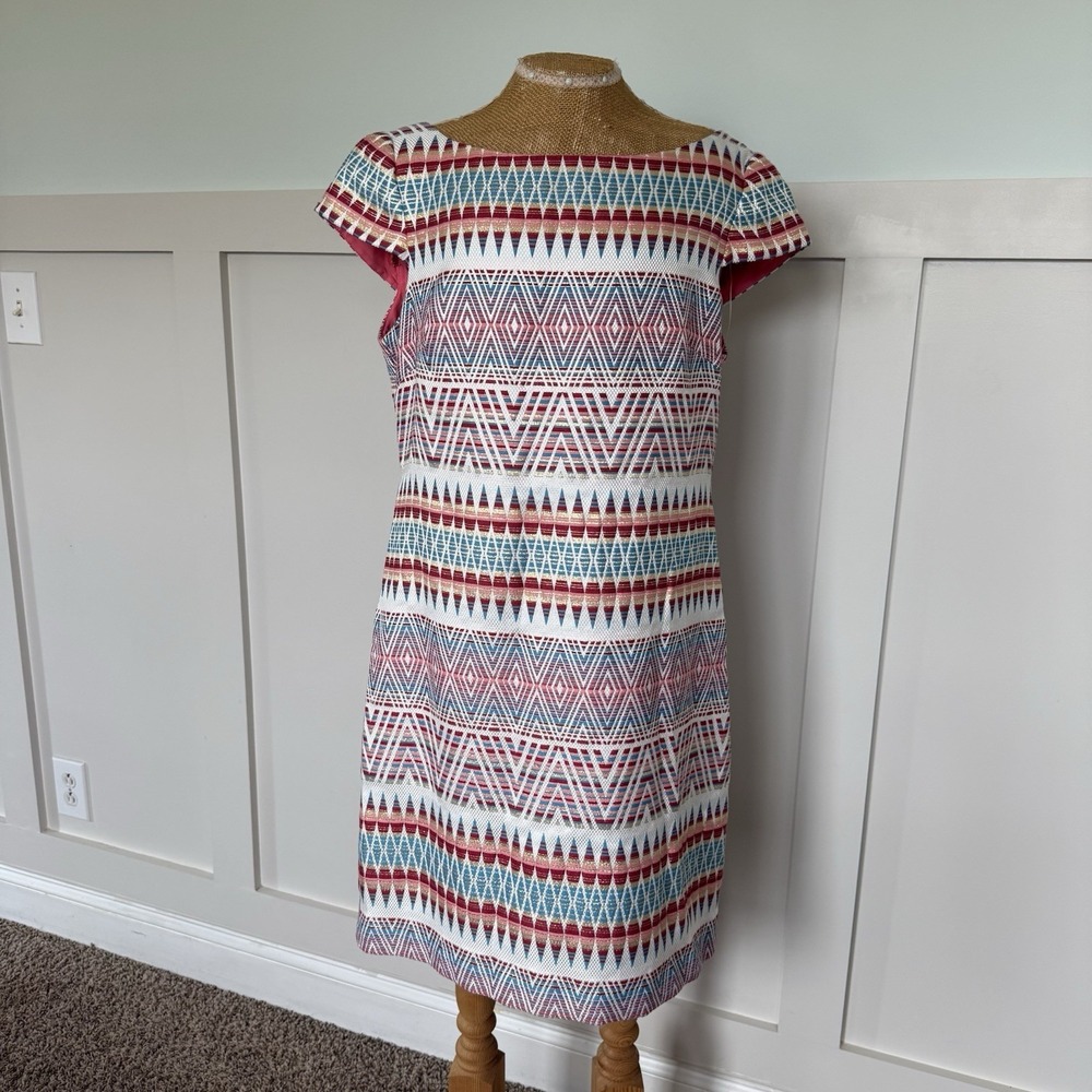Vince Camuto Sheath Dress Size 14 Colorful Tribal Geometric Career Short Sleeve